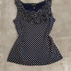 Vintage Aesthetic Navy Polka Dot Mesh Ruffle Top - INC Size L